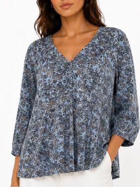 J. JILL 100% Cotton V-Neck Floral Peasant Top in Blue Size XL